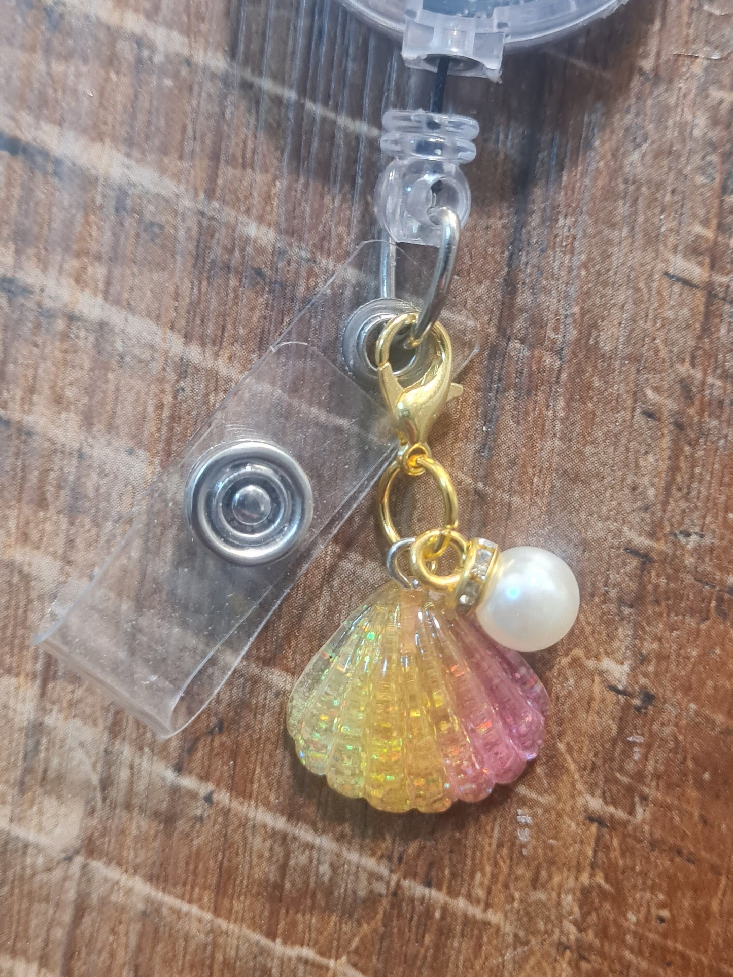 Shell ~ ID Badge Reel Charm ~ Custom Made Charms ~ Badge Buddy ~ Badge Accessories ~ Sea Shell with Pearl ~ Beach Charm ~ Summer Charm