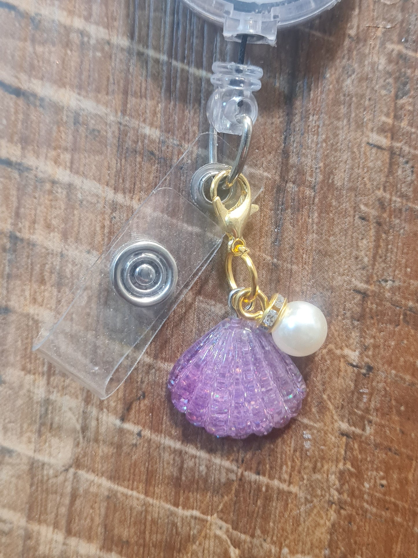 Shell ~ ID Badge Reel Charm ~ Custom Made Charms ~ Badge Buddy ~ Badge Accessories ~ Sea Shell with Pearl ~ Beach Charm ~ Summer Charm