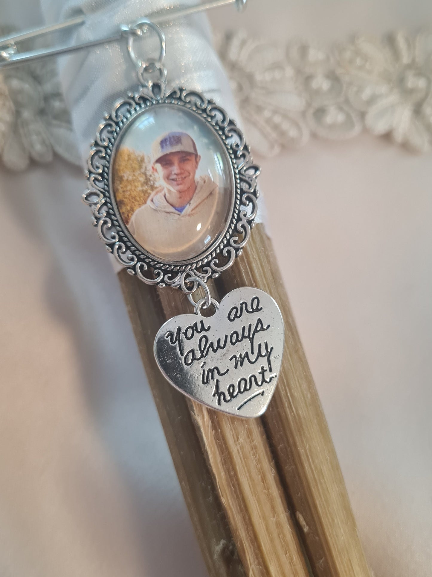 "Walk With Us" Wedding Memorial Pin - Bride Bouquet & Groom Boutonniere Photo Charm - Sentimental Inclusion Gift - Wedding Memorial Pin