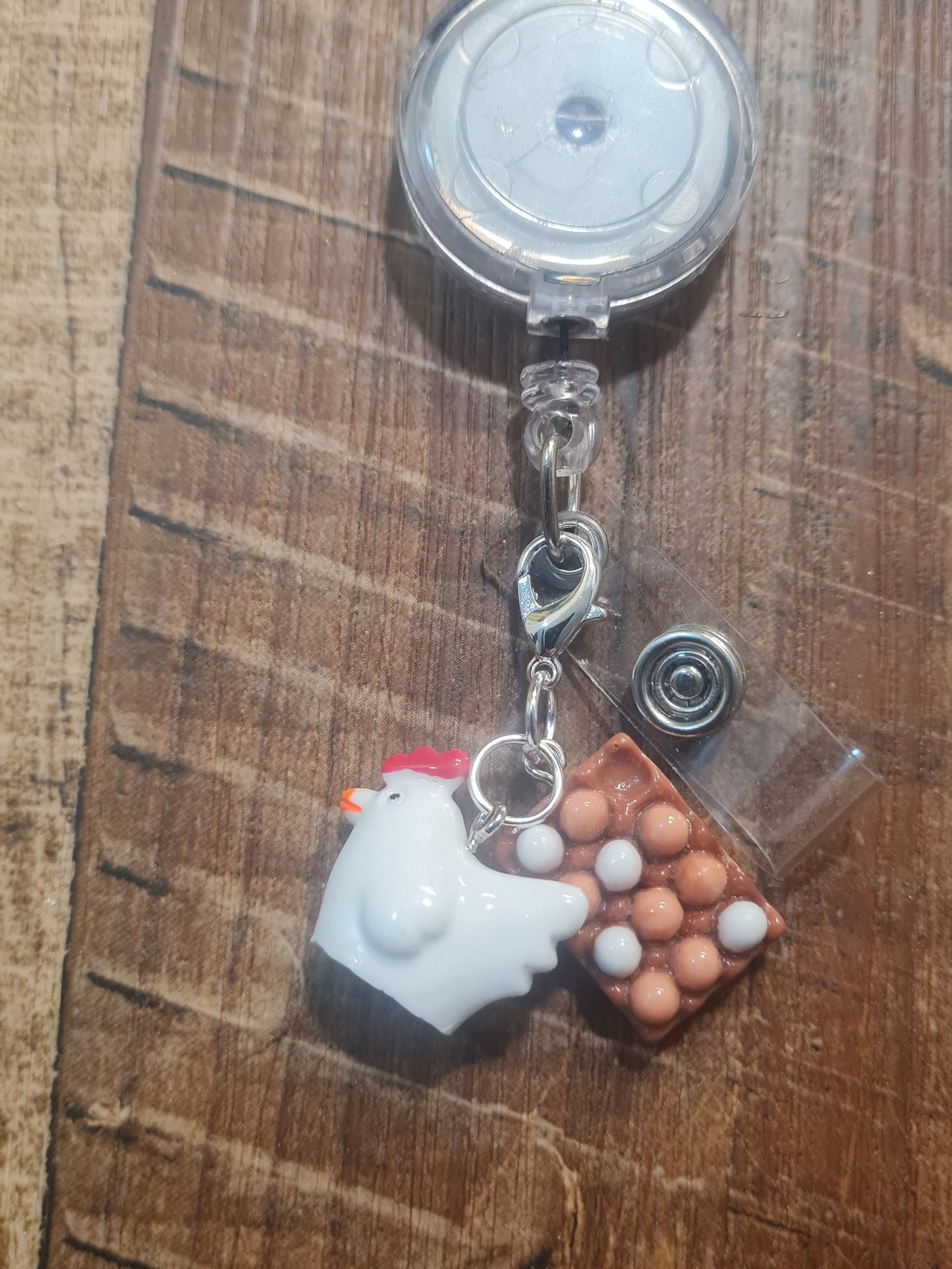 Chicken ~ ID Badge Reel Charm ~ Custom Made Charms ~ Badge Buddy ~ Badge Accessories ~ Fresh Eggs ~ Badge Charm ~ Chicken and Eggs