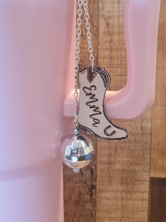 Personalized Leather Cowboy Boot Charm ~ Stanley Cup Charm ~ Custom Made Charms ~ Cup Handle Charm ~ Cup Accessory ~ Disco Ball Cup Charm