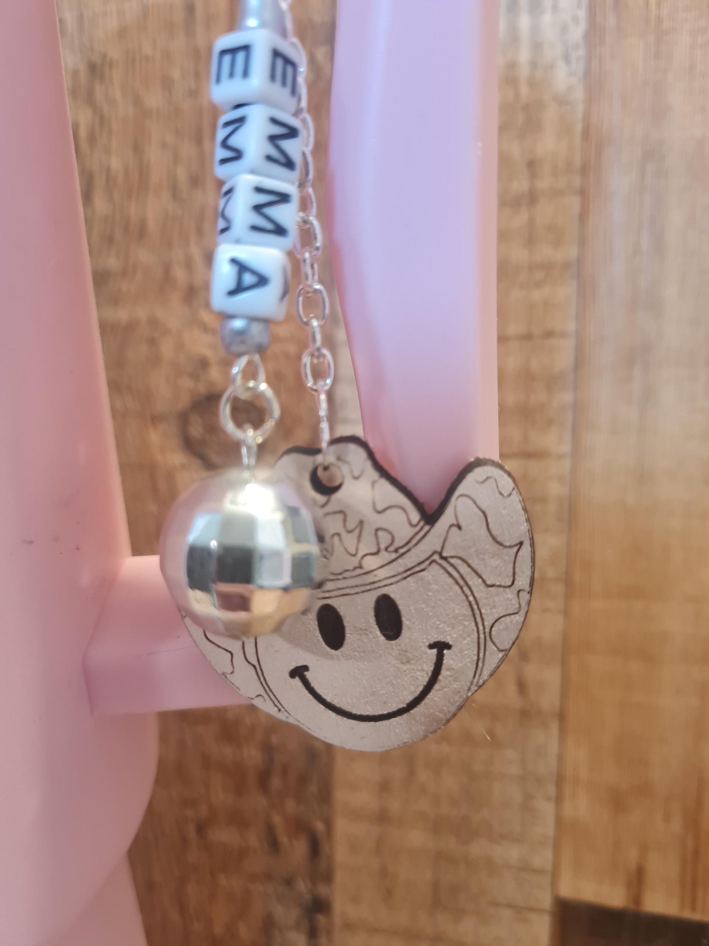 Personalized Leather Smiley Face Charm ~ Stanley Cup Charm ~ Custom Made Charms ~ Cup Handle Charm ~ Cup Accessory ~ Disco Ball Cup Charm