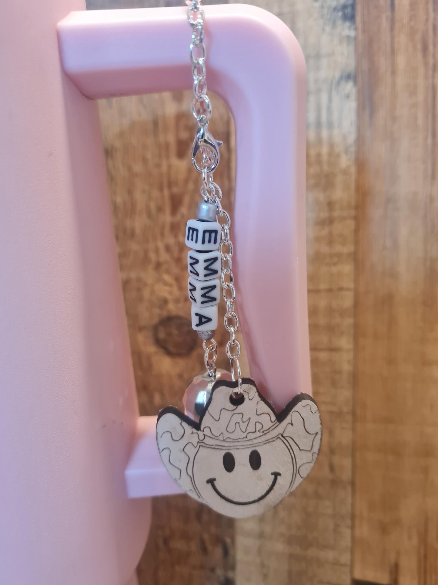 Personalized Leather Smiley Face Charm ~ Stanley Cup Charm ~ Custom Made Charms ~ Cup Handle Charm ~ Cup Accessory ~ Disco Ball Cup Charm