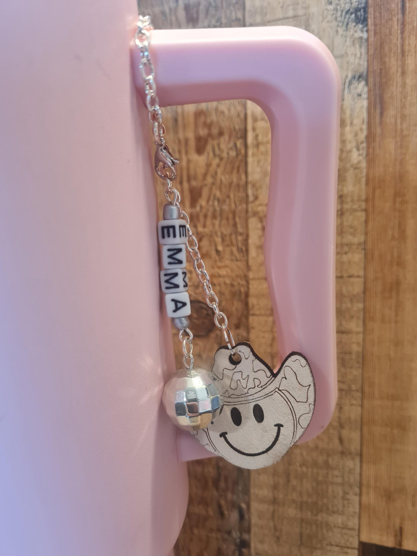 Personalized Leather Smiley Face Charm ~ Stanley Cup Charm ~ Custom Made Charms ~ Cup Handle Charm ~ Cup Accessory ~ Disco Ball Cup Charm