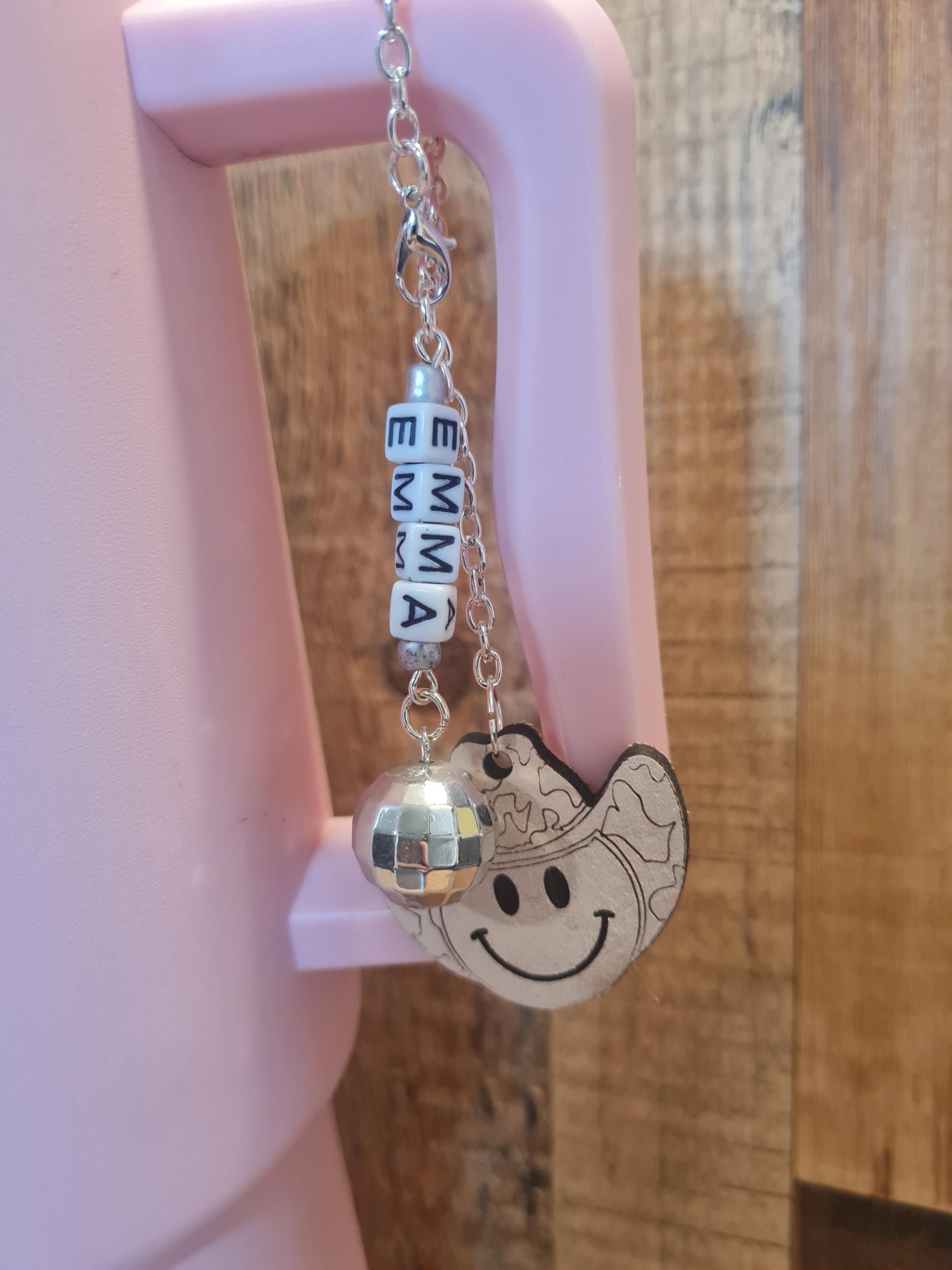 Personalized Leather Smiley Face Charm ~ Stanley Cup Charm ~ Custom Made Charms ~ Cup Handle Charm ~ Cup Accessory ~ Disco Ball Cup Charm