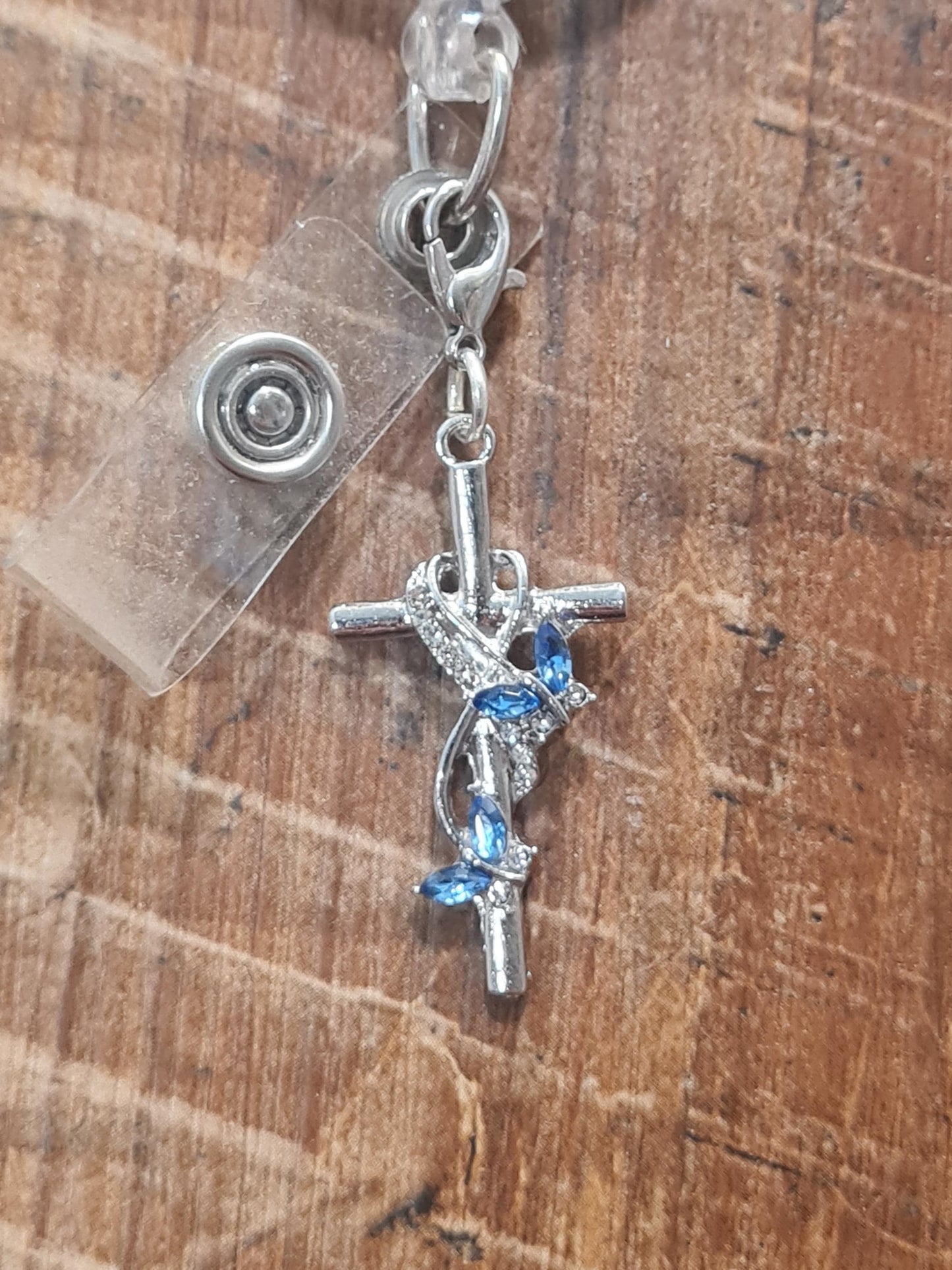 "Faith & Transformation" Stoned Cross with Butterfly Badge Charm - Spiritual ID Flair for Nurses and Chaplains - Symbolic Christian Jewelry Gift